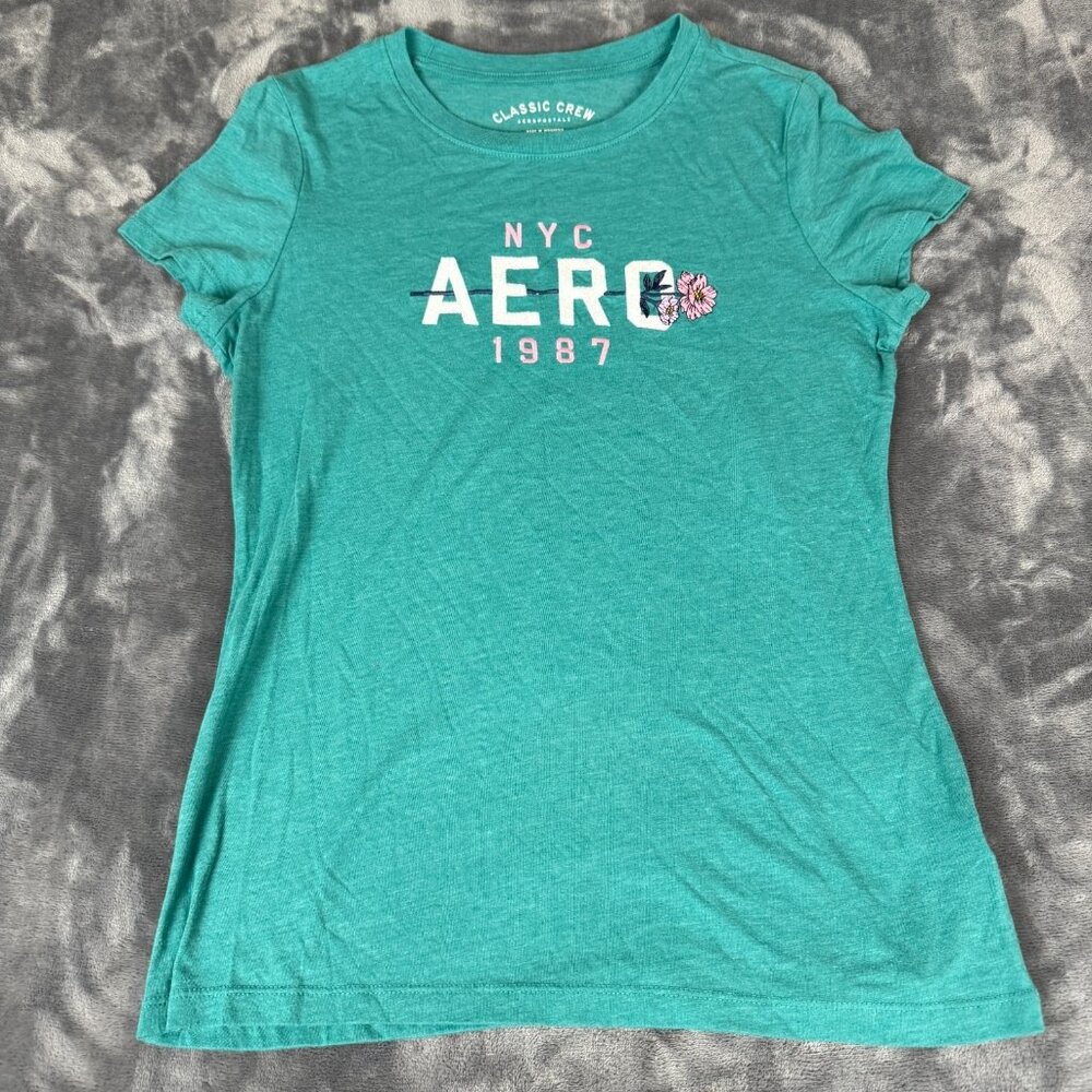 Aeropostale Classic Crew Y2K Style Embroidered Blue Pink Roses Tee - Size XL - Picture 1 of 8